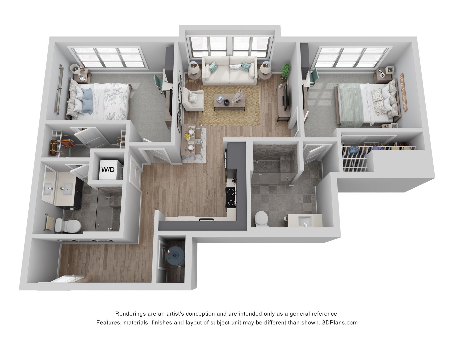 3D floor plan of a two-bedroom, two-bathroom apartment with open kitchen, living room, and laundry area.