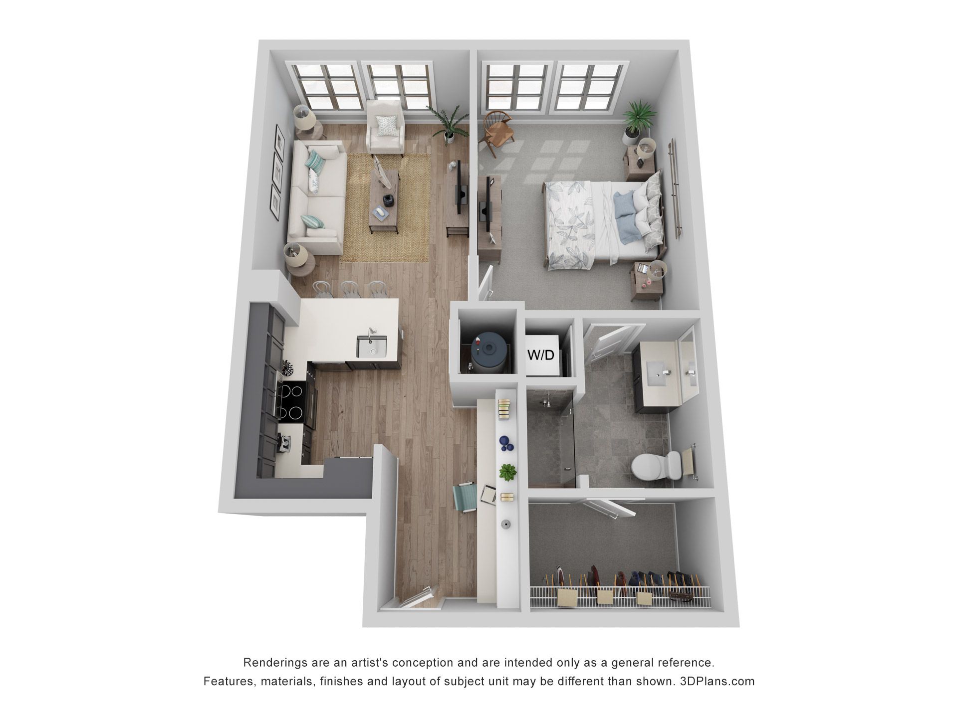 3D floor plan of a one-bedroom apartment with kitchen, living area, bedroom, bathroom, and laundry closet.