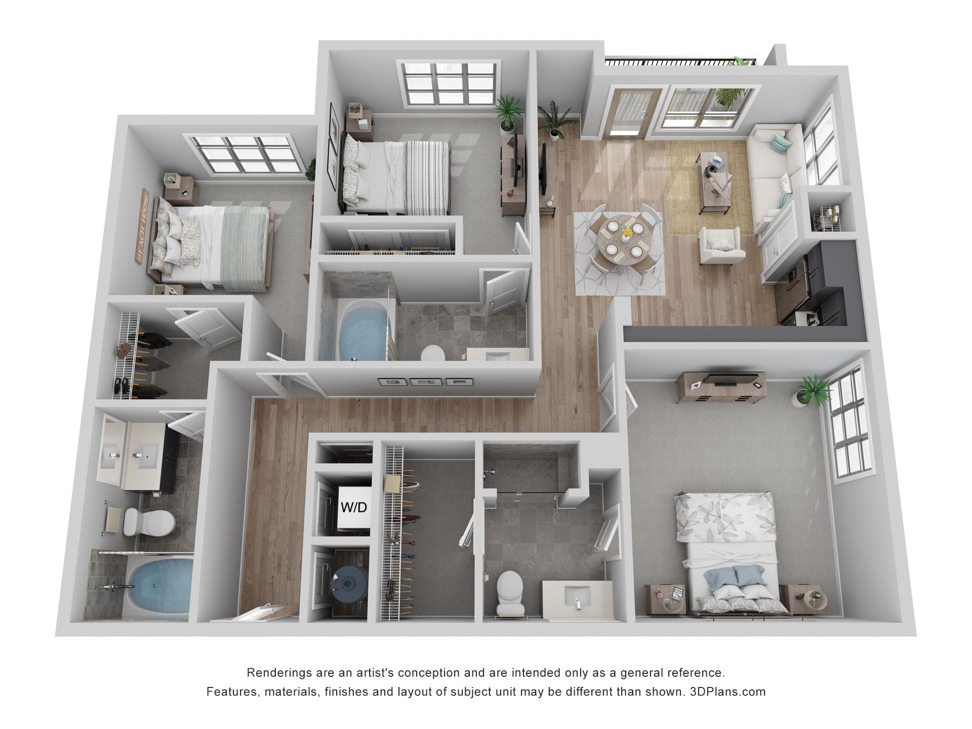 3D floor plan of a three-bedroom, two-bathroom apartment with kitchen, living, dining, and laundry areas.