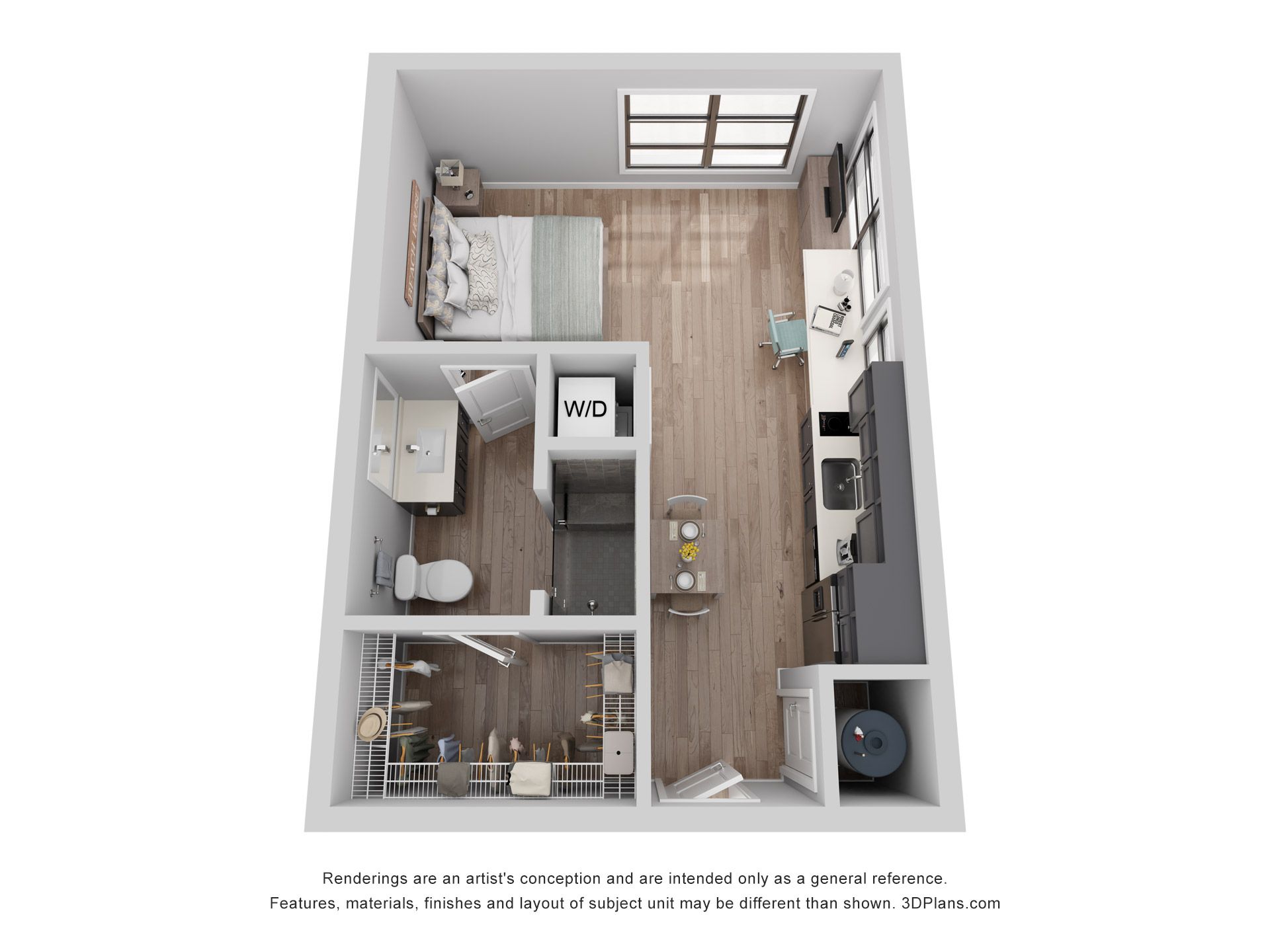 3D floor plan of a modern studio apartment with bed, kitchen, bathroom, desk, and washer/dryer.