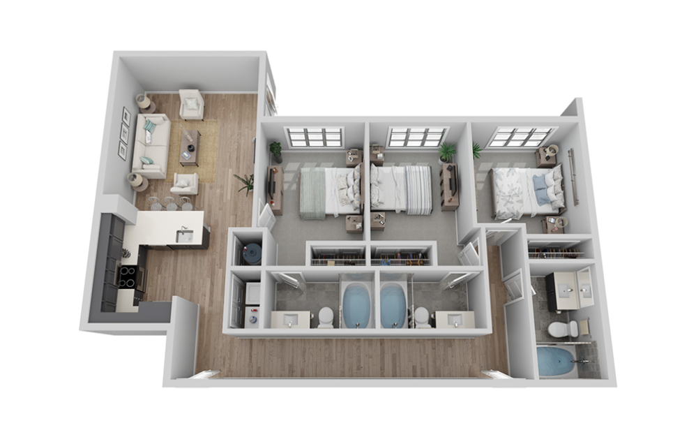 A-3A1 floor plan - 3 bed, 3 bath - Carolina Square Apartments in Chapel Hill, North Carolina