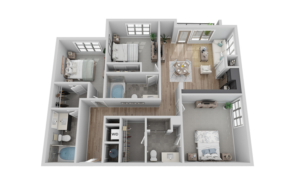 A-3B1 floor plan - 3 bed, 3 bath - Carolina Square Apartments in Chapel Hill, North Carolina