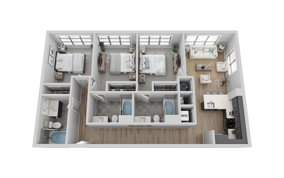 A-3C1 floor plan - 3 bed, 3 bath - Carolina Square Apartments in Chapel Hill, North Carolina