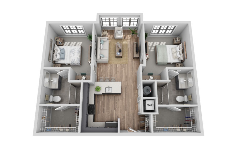 A-2A1 ANSI - 2 bedroom floorplan layout with 2 bathrooms and 1009 square feet (3D)