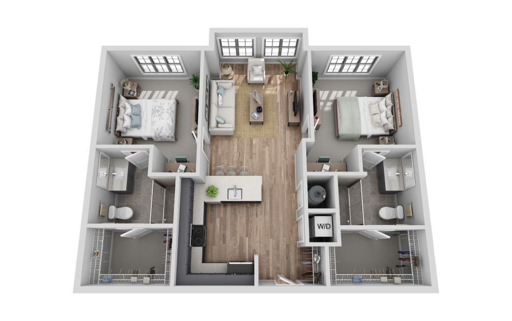 A-2A1 - 2 bedroom floorplan layout with 2 bathrooms and 1009 square feet (3D)