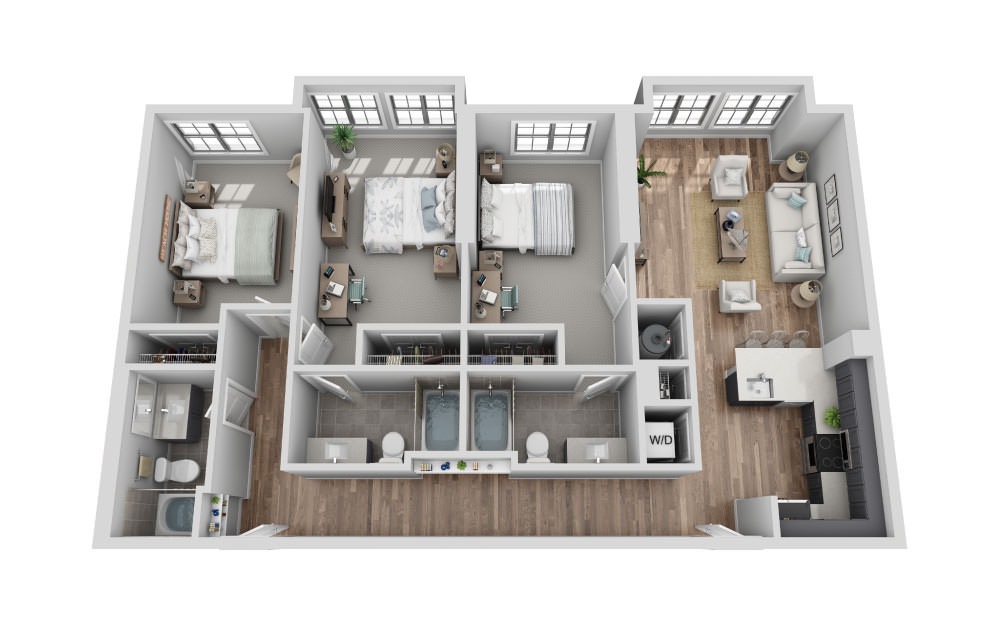 B-3A2 - 3 bedroom floorplan layout with 3 bathrooms and 1417 square feet (3D)