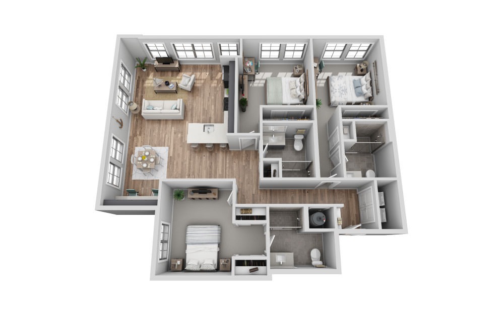 B-3E1 - 3 bedroom floorplan layout with 3 bathrooms and 1624 square feet (3D)