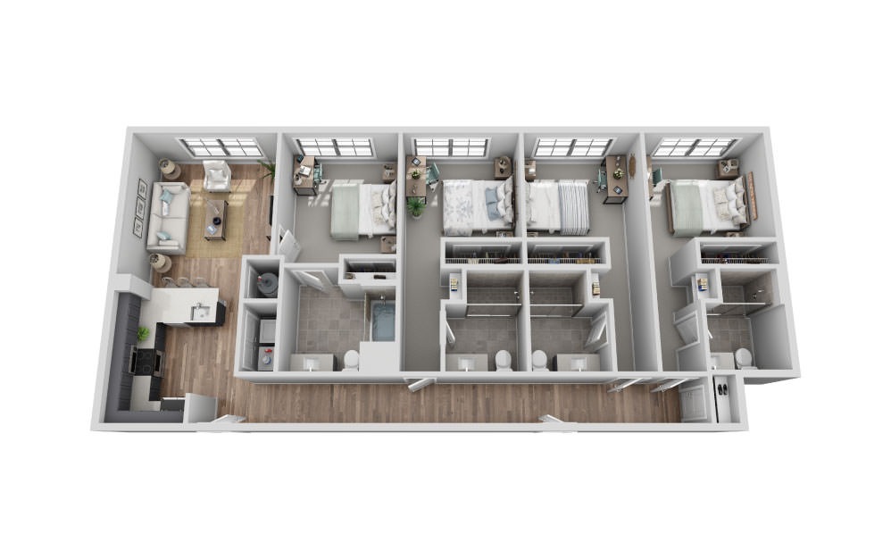 B-4B2 - 4 bedroom floorplan layout with 4 bathrooms and 1800 square feet (3D)