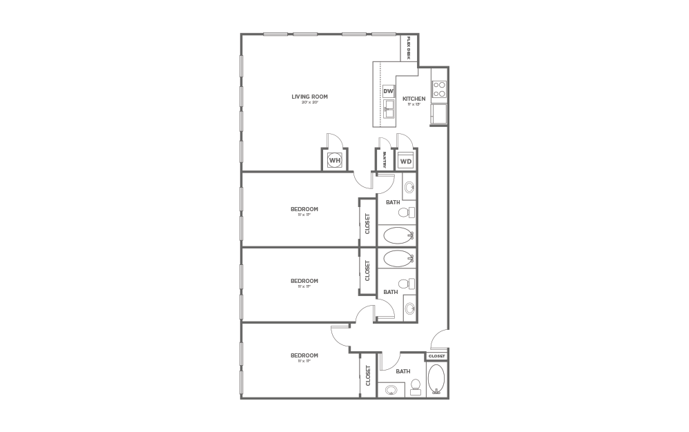 A-3E - 3 bedroom floorplan layout with 3 baths and 1692 square feet.