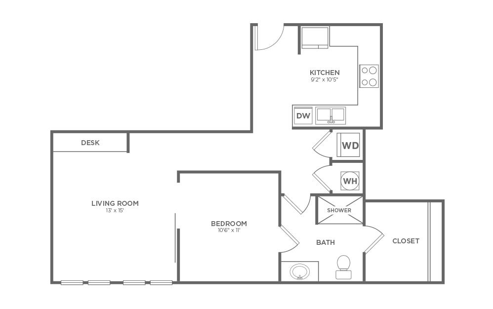 B-1B1 - 1 bedroom floorplan layout with 1 bath and 710 square feet. (2D)