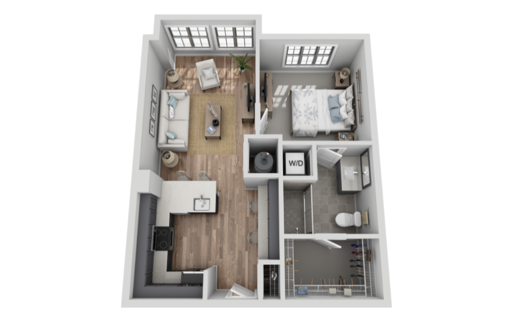 A-1A1 - 1 bedroom floorplan layout with 1 bathroom and 682 square feet (3D)