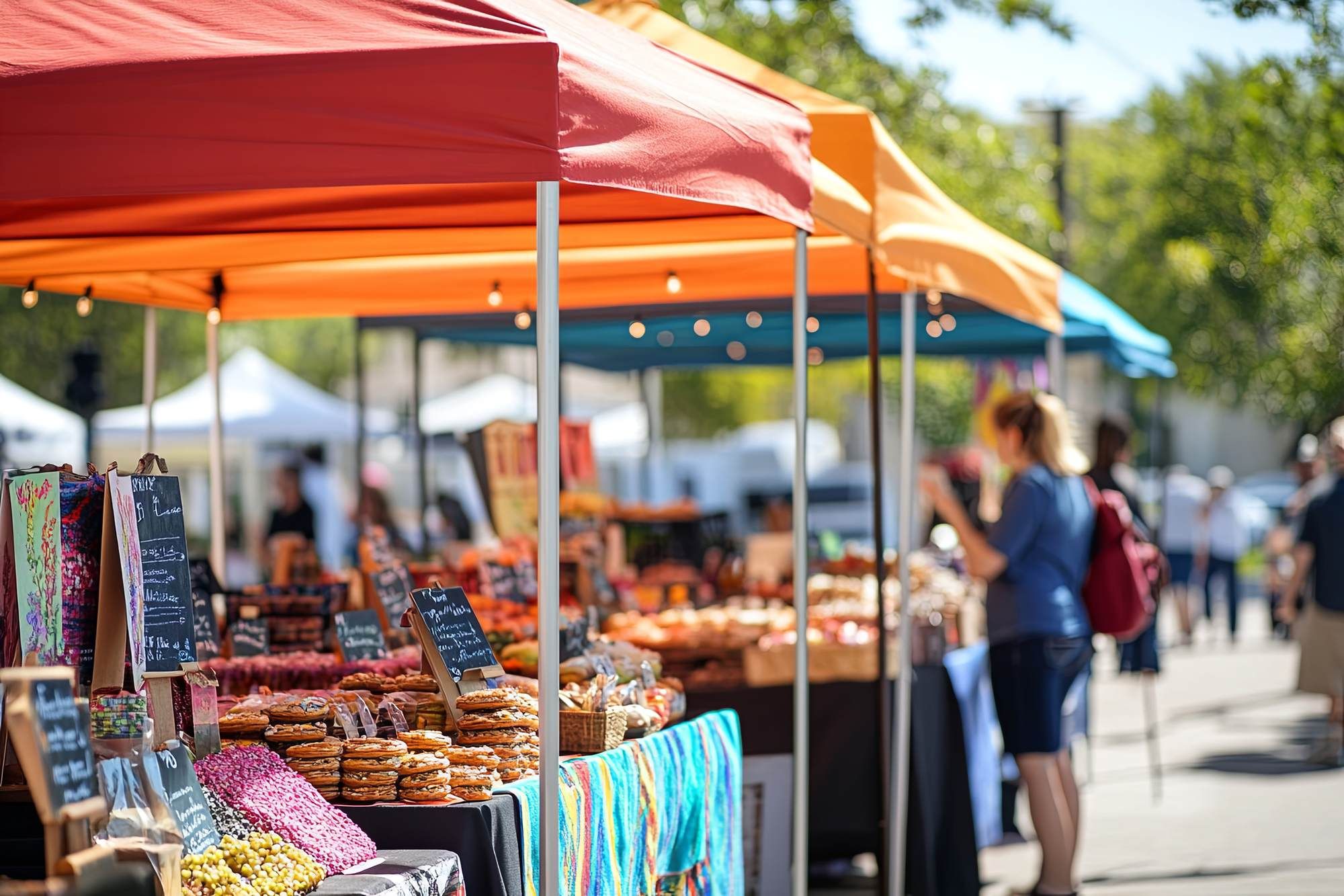 Colorful market stalls with baked goods and sweets; people browsing in the background on a sunny day.