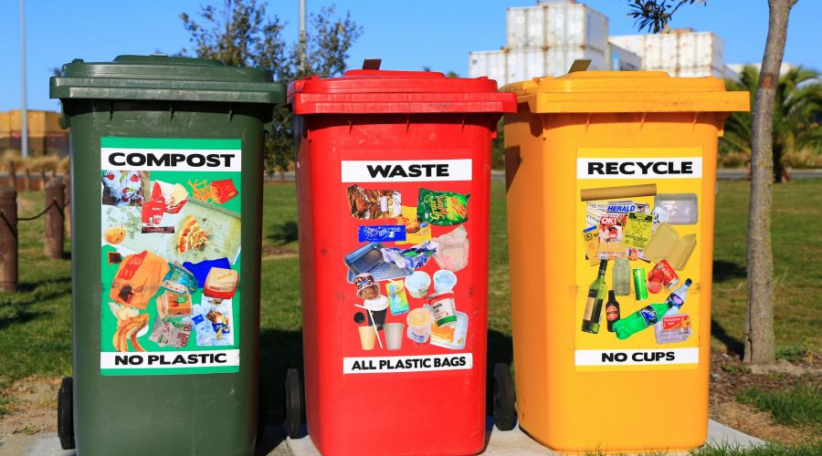 Three color-coded bins labeled Compost, Waste, and Recycle with images showing what items go in each.