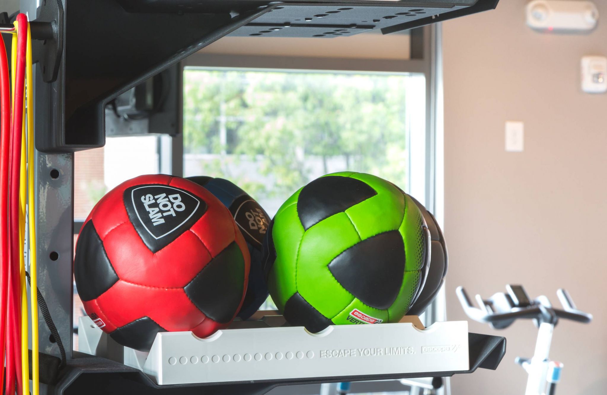 Two medicine balls, one red and black, one green and black, are on a gym rack near exercise bikes.