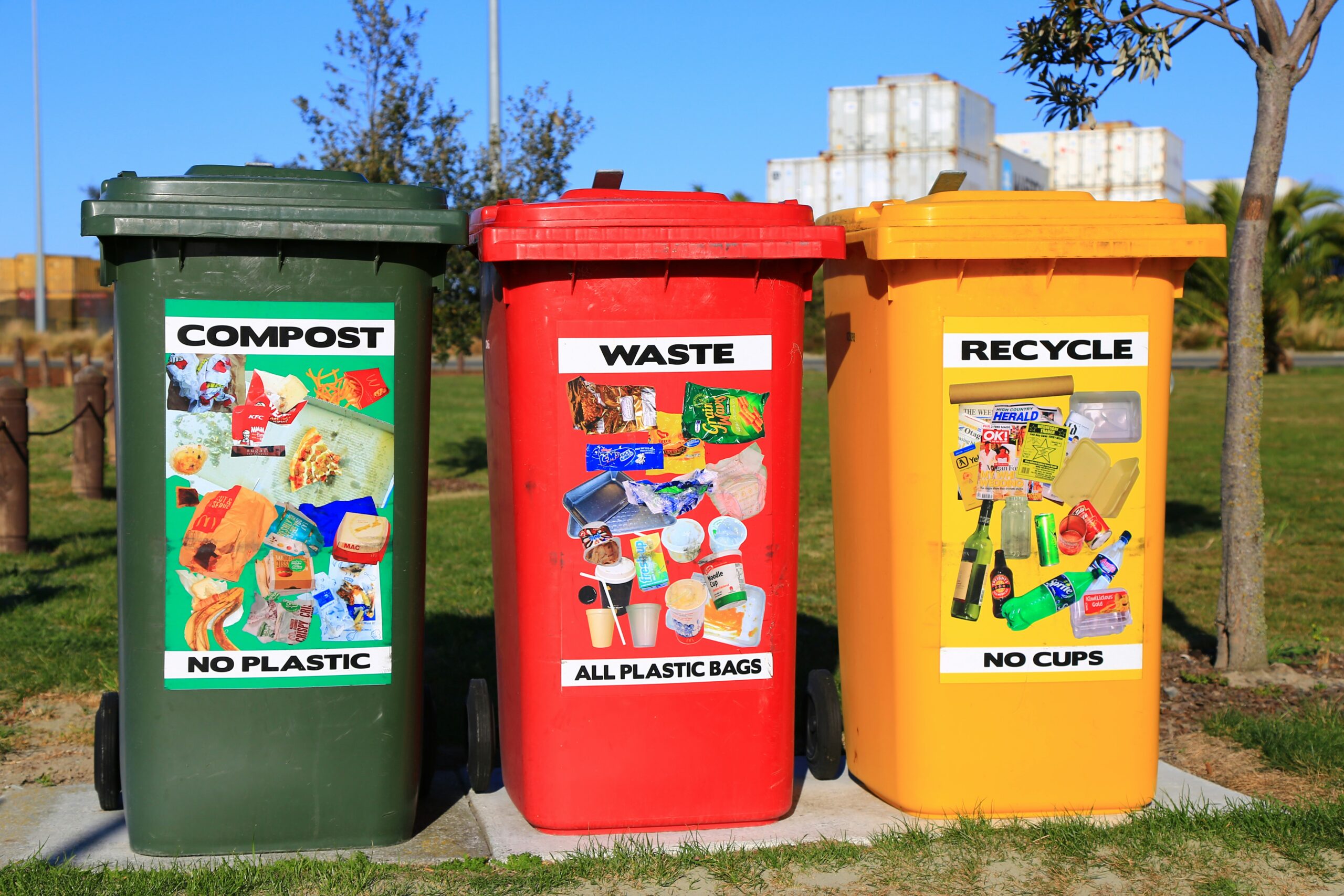 Three color-coded bins labeled Compost, Waste, and Recycle with images showing what items go in each.