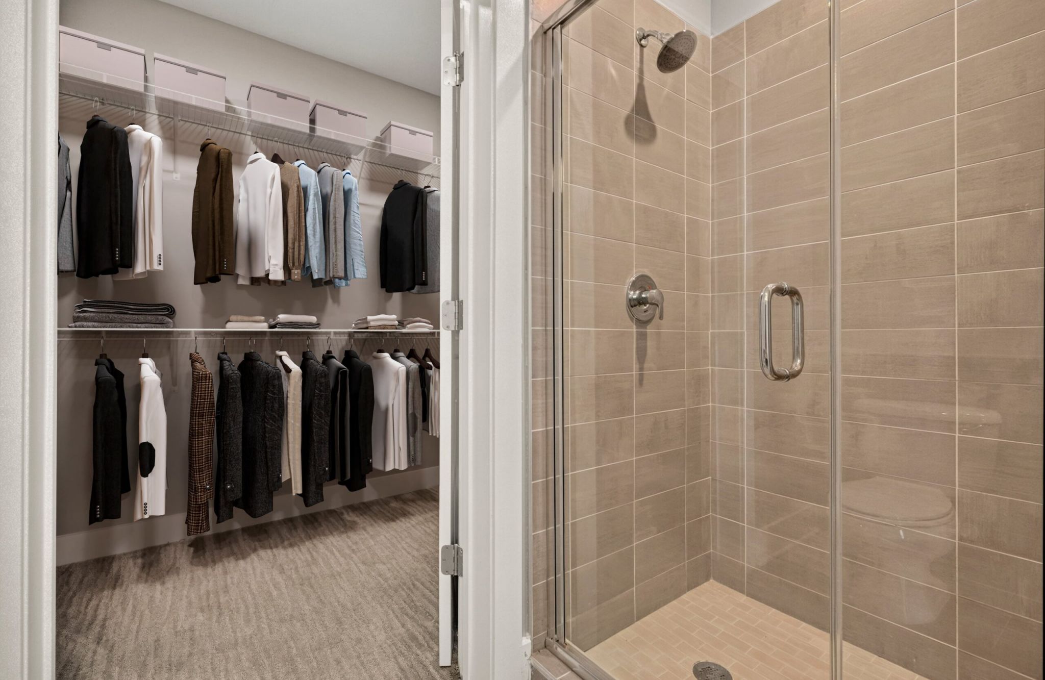 1-bed apartment bedroom with large bed, ceiling fan, carpet, dresser, and large closet